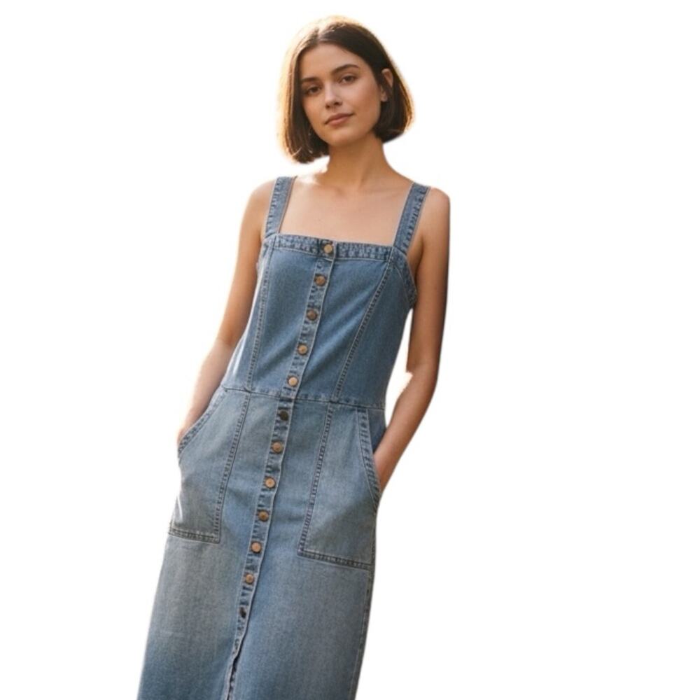 Level 99 Claire Denim Overall Snap Dress Light Blue Size Large Stretch